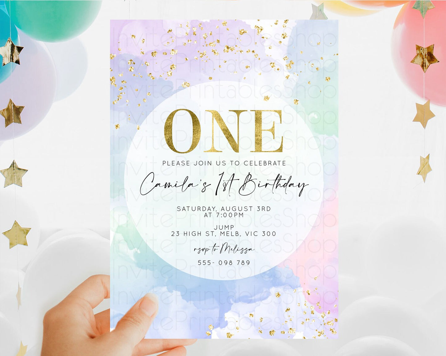 Rainbow Birthday Invitation Colorful Pastel Watercolor Invitation Gold Glitter Sprinkles Ombre Pastel 1st 2nd 3rd Birthday D10624