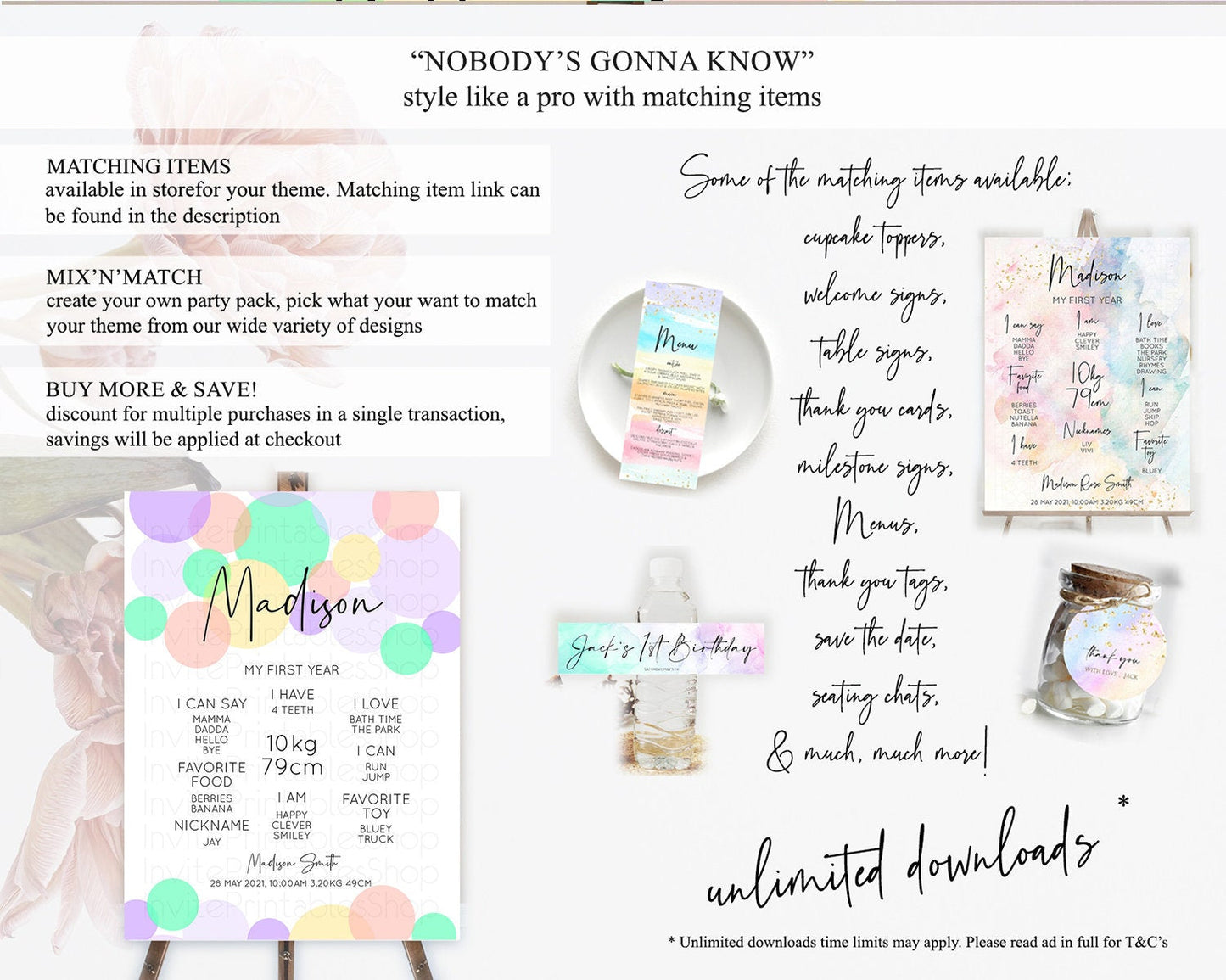 Pastel First Birthday Milestone Poster Pastel Rainbow Confetti First Birthday Milestone Board Colorful Bubbles Birthday Welcome Sign D10380