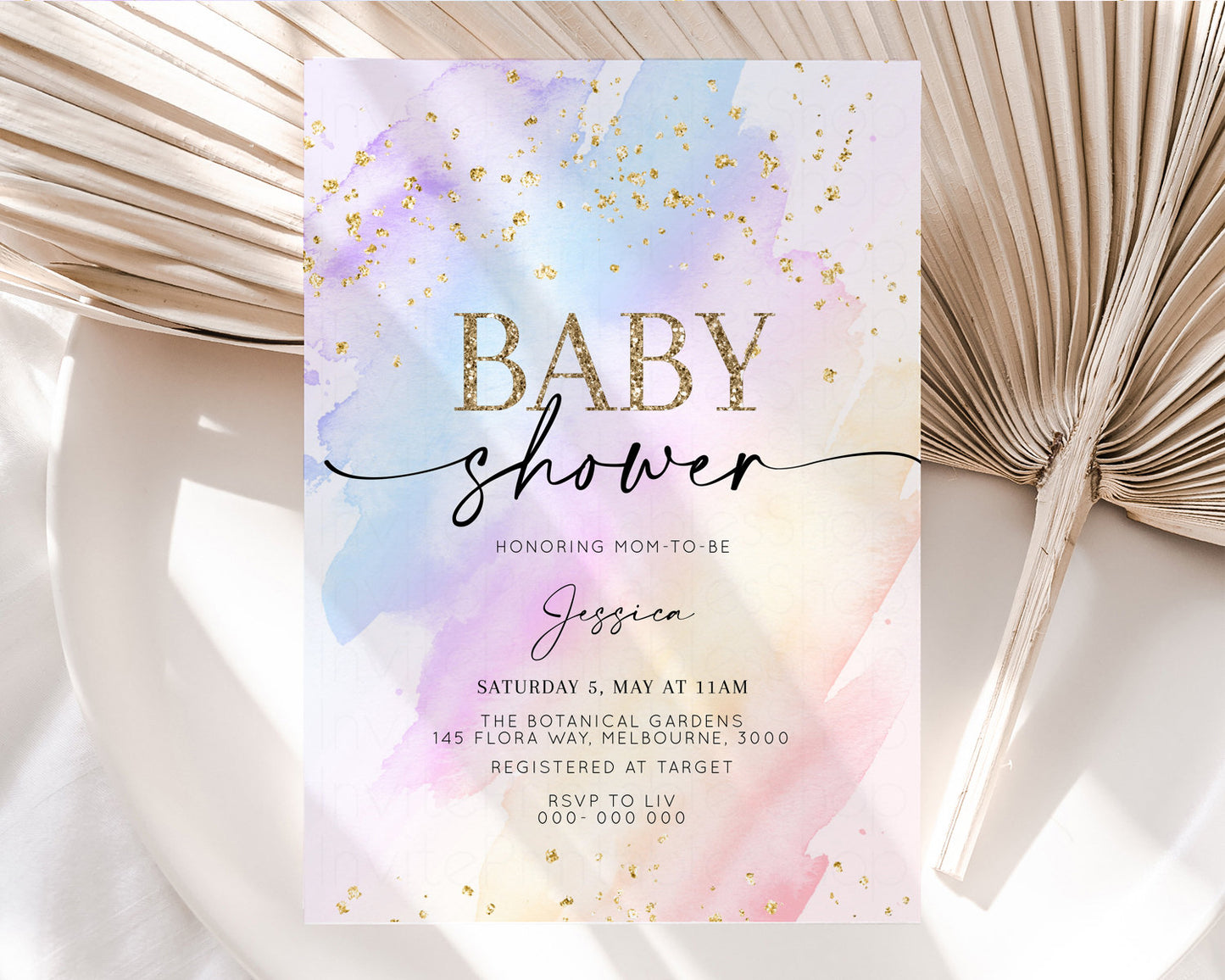 Rainbow Baby Shower Invitation Pastel Baby Shower Invitation Watercolor Ombre Invitation Rainbow Pastel Colors Invite Glitter Confetti t600