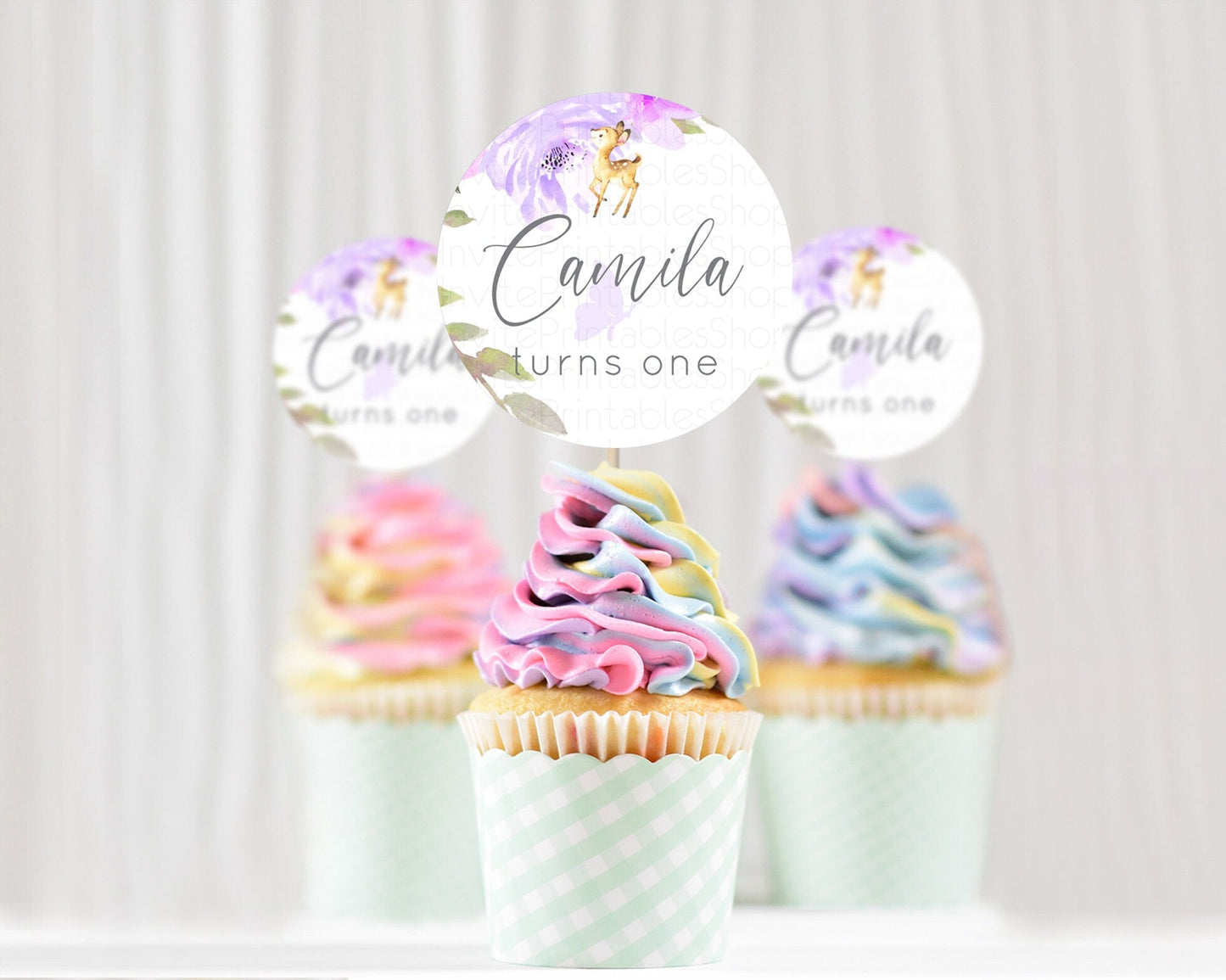 Fawn Cupcake Toppers Deer Cupcake Toppers Enchanted Forest Party Butterfly Pastel Flowers Woofland Cupcake Toppers First Birthday D10916