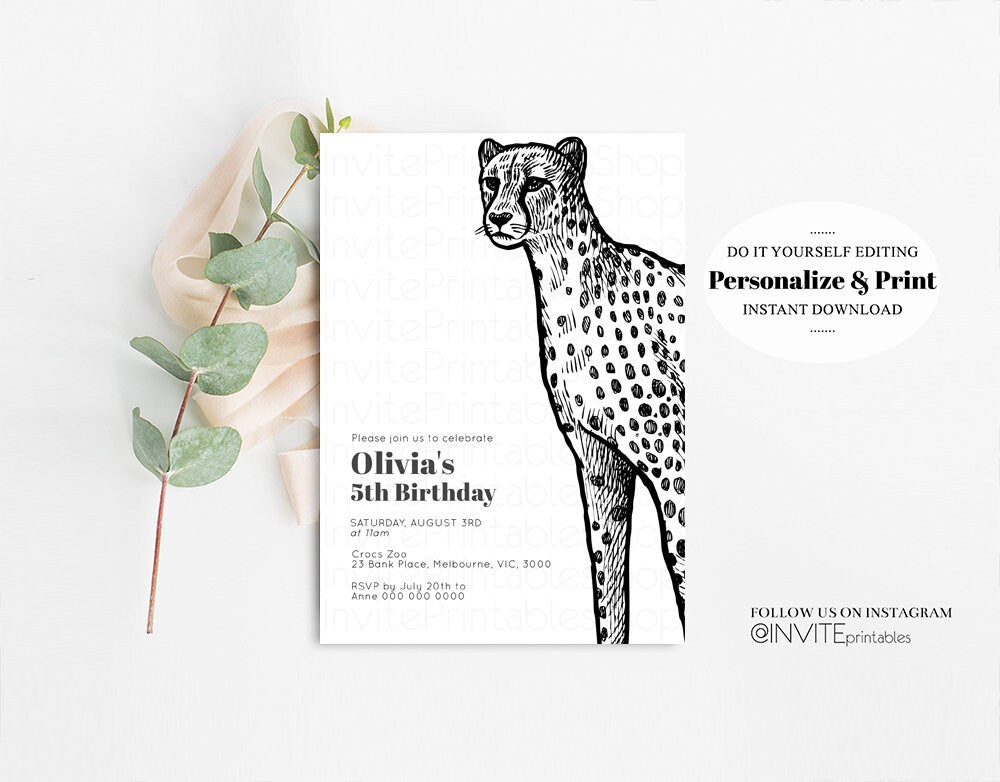 Cheetah Birthday Invitation Cheetah Invite Jungle Safari invite Watercolor Tropical Palm Invite Adventure Zoo Party Wild Animal Party