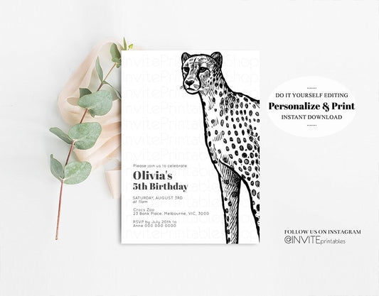 Cheetah Birthday Invitation Cheetah Invite Jungle Safari invite Watercolor Tropical Palm Invite Adventure Zoo Party Wild Animal Party