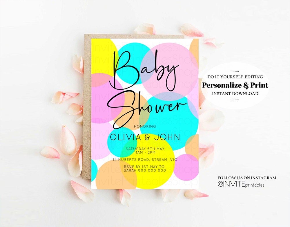 Pastel Baby Shower Invitation Colorful Rainbow Invitation Bubbles Confetti Sprinkles Oh Baby Gender Reveal Neutral Blue Pink Yellow Green