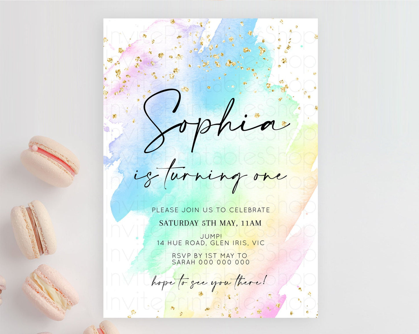 Rainbow Birthday Invitation Colorful Pastel Watercolor Invitation Gold Glitter Sprinkles Ombre Pastel 1st 2nd 3rd Birthday D10640