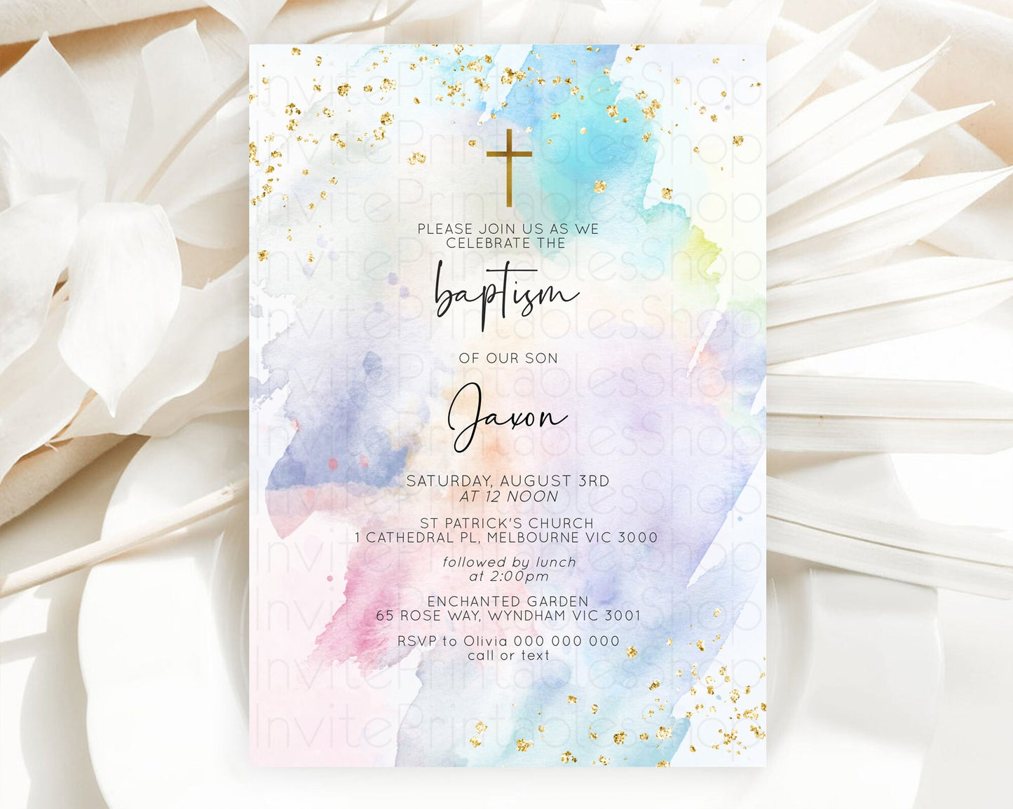 Pastel Baptism Invitation Pastel Colors Watercolor Baptism 1st Birthday Party Gold Ombre Pastel Rainbow Christening Holy Communion D10422