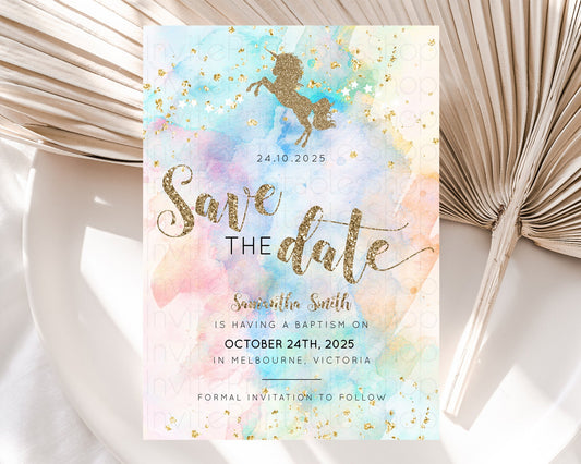 Unicorn Rainbow Save The Date Template Pastel Unicorn Party Magical Pastel Ombre Watercolor Unicorn 1st Birthday Baptism Baby Shower D10949