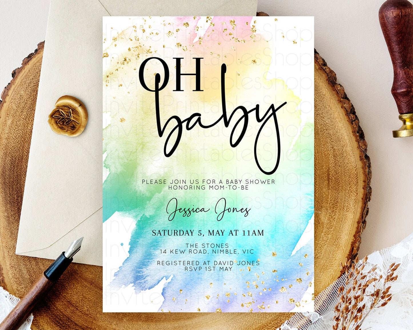 Pastel Baby Shower Invitation Rainbow Baby Shower Invitation Colorful Pastel Watercolor Invitation Gold Glitter Sprinkles Ombre D10279