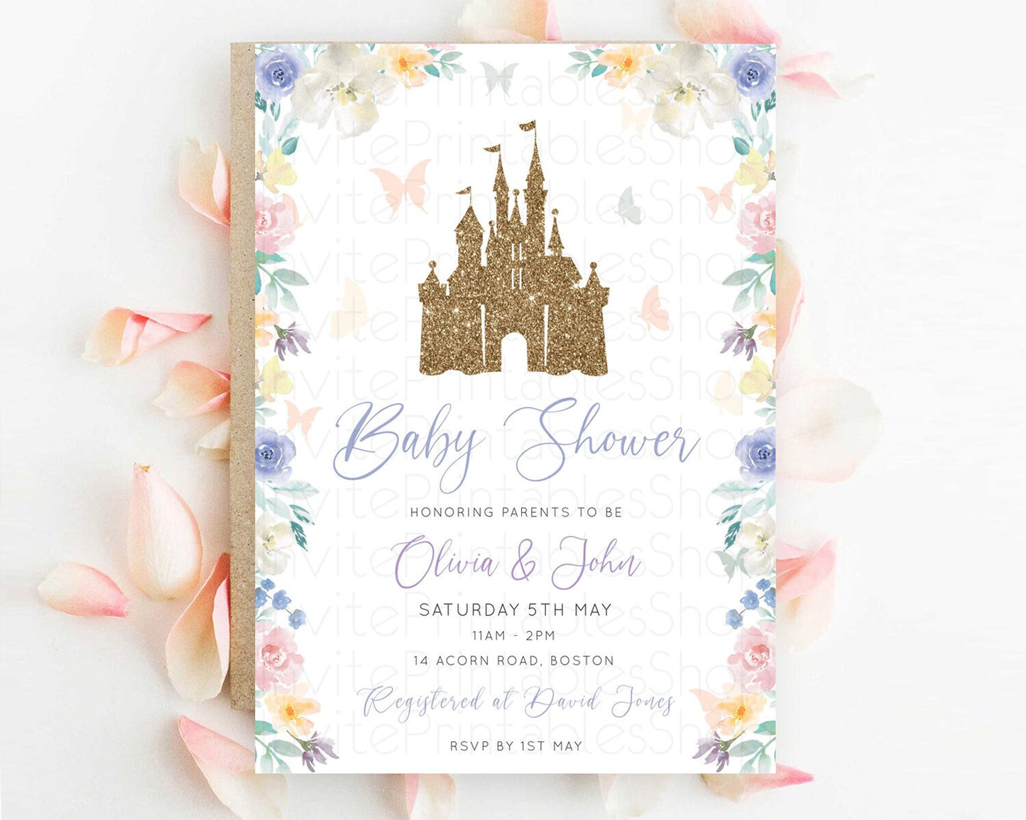 Pastel Princess Baby Shower Invitation Floral Castle Invitation Royal Baby Invite Enchanted Castle Pastel Flower Garden Baby Shower D10931