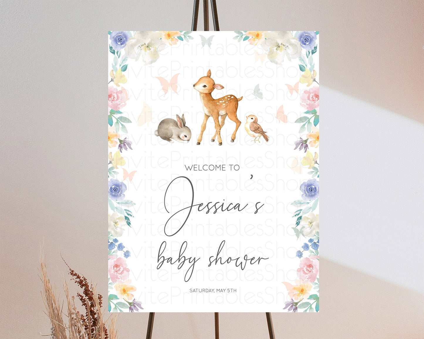 Fawn Baby Shower Welcome Sign Deer Welcome Board Floral Deer Welcome Poster Enchanted Forest Butterfly Pastel Floral Welcome Sign D10930