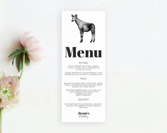 Okapi Menu Okapi Menu Template Okapi Table Decor Zoo Safari Adventure Décor Okapi Dinner Dessert Party Food Menu D10283