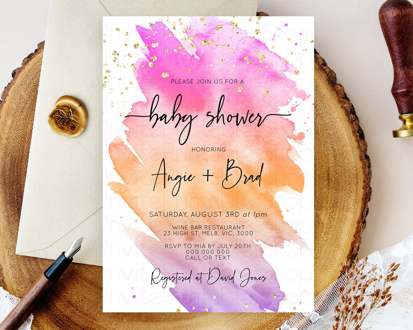 Pastel Baby Shower Invitation Rainbow Baby Shower Invitation Colorful Pastel Watercolor Invitation Gold Glitter Sprinkles Ombre D10488