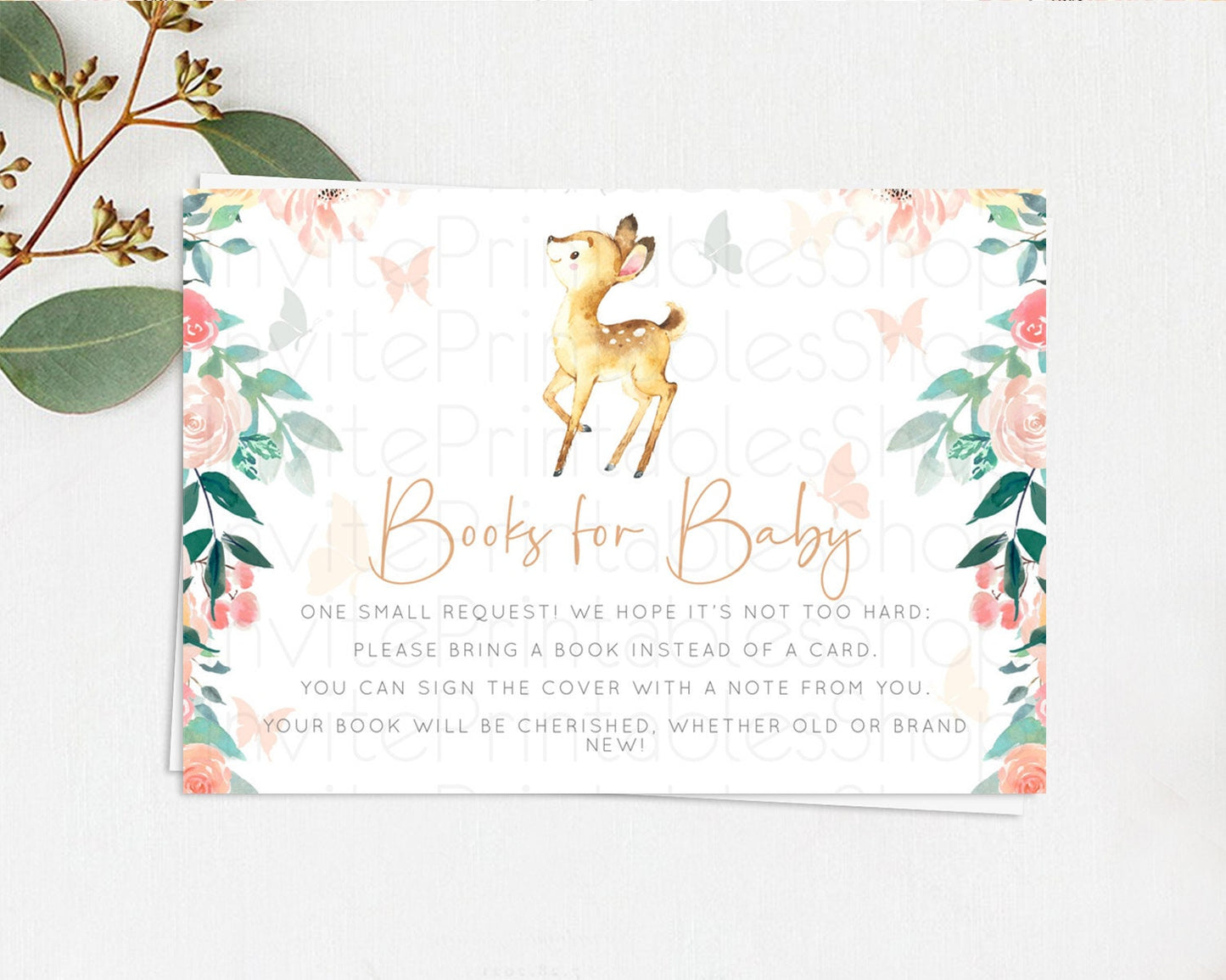 Fawn Books For Baby Card Deer Book Insert Floral Deer Book Card Enchanted Forest Butterfly Pastel Baby Shower Book Poem Request D10753