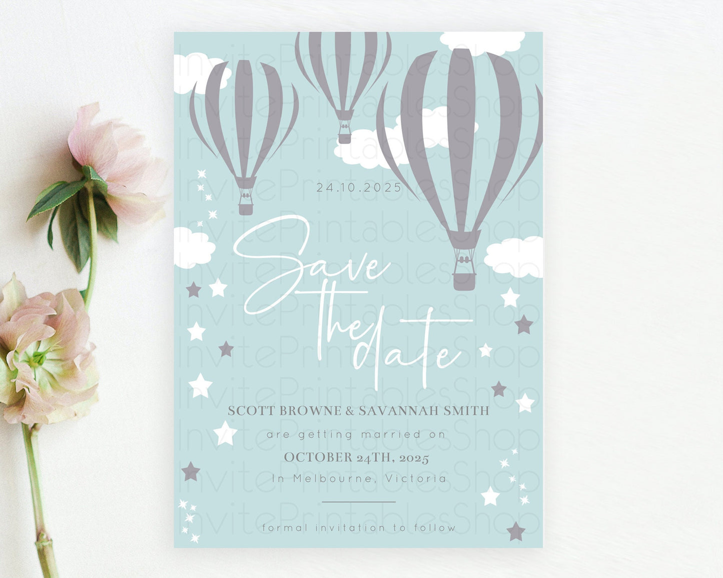 Hot Air Balloon Save The Date Template Adventure Awaits Mr. ONEderful Party 1st Birthday Baptism Baby Shower D10324