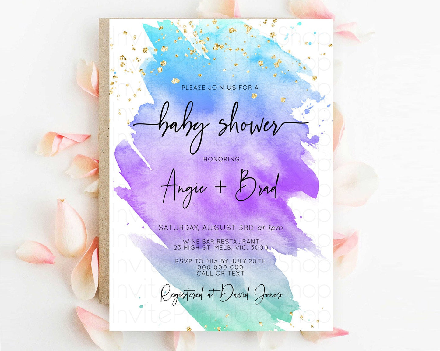 Pastel Baby Shower Invitation Rainbow Baby Shower Invitation Colorful Pastel Watercolor Invitation Gold Glitter Sprinkles Ombre D10491