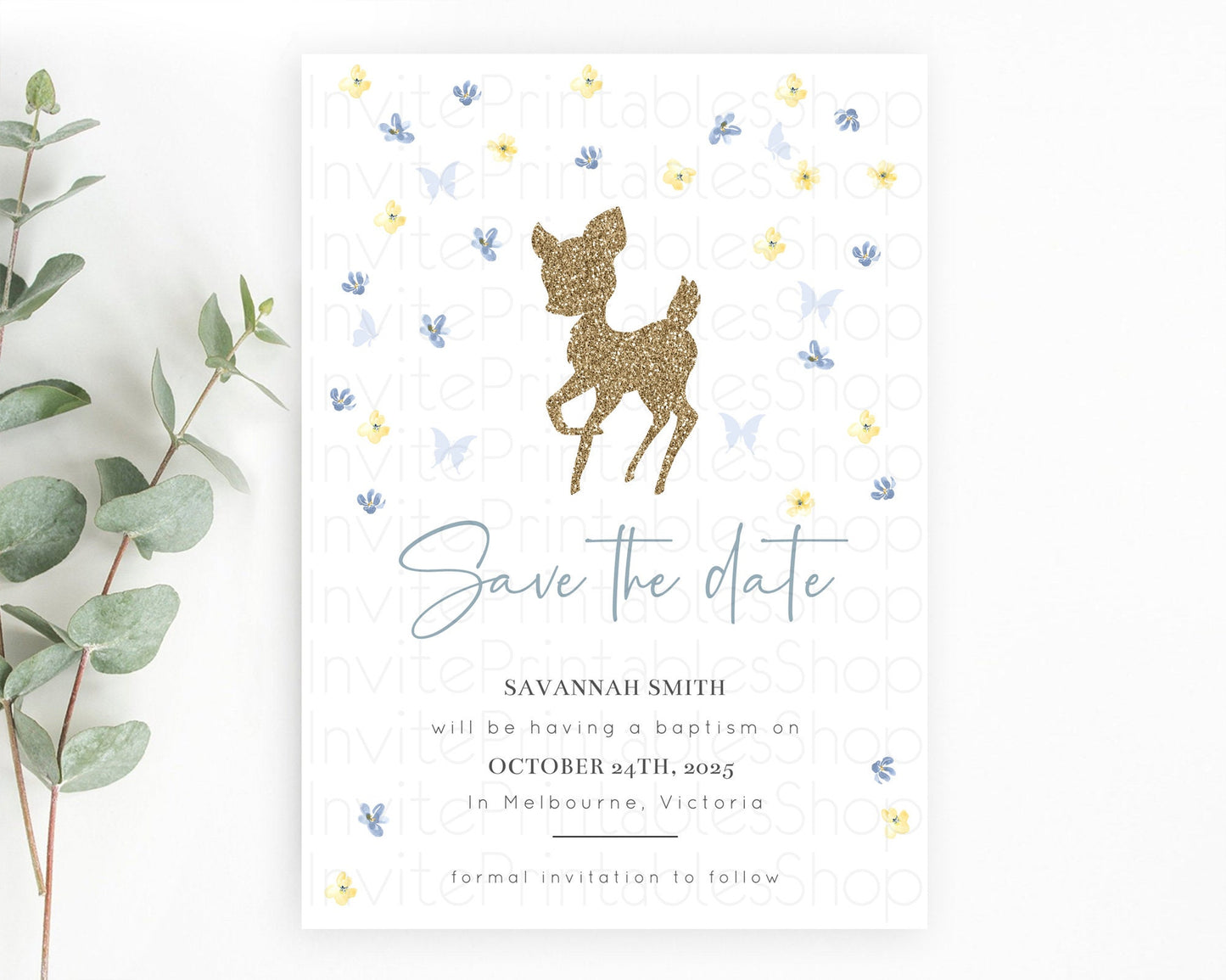 Fawn Deer Save The Date Template Pastel Floral Deer Enchanted Forest Butterfly Party 1st Birthday Baptism Baby Shower Bridal Shower D10864