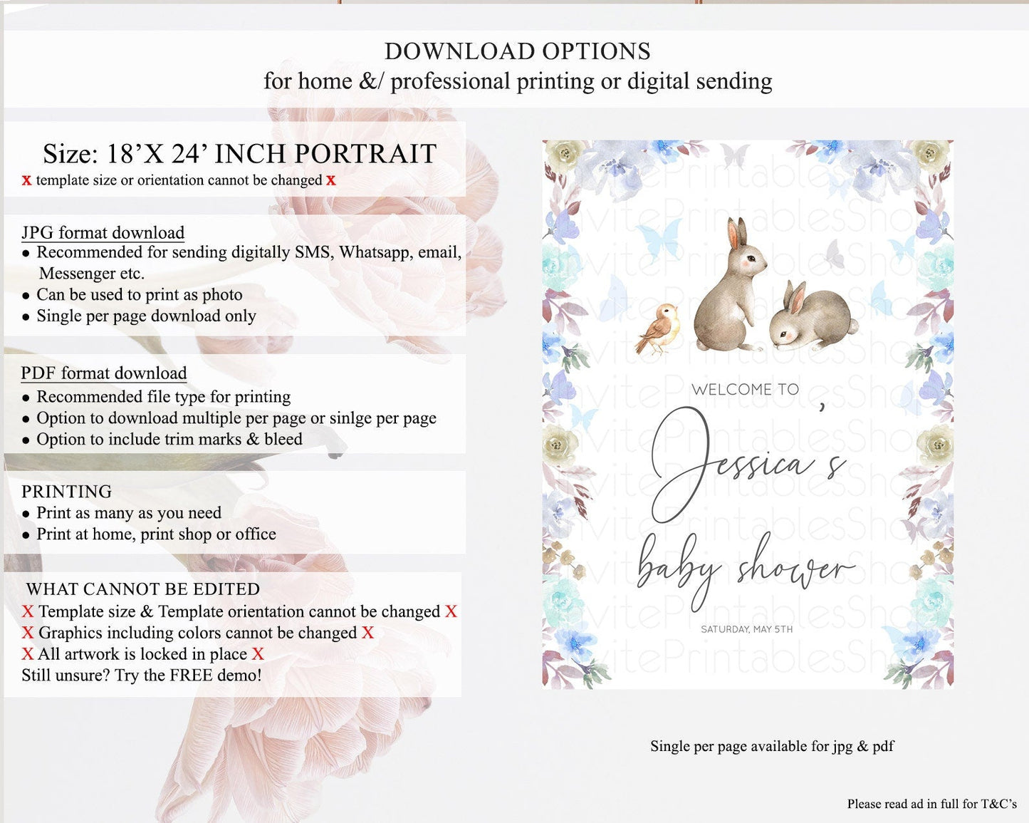 Bunny Baby Shower Welcome Sign Floral Bunny Welcome Board Pastel Flowers Woodland Bunny Welcome Poster Forest Bunny Welcome Sign D10927