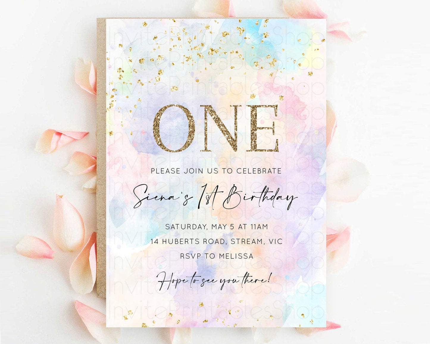 Rainbow Birthday Invitation Colorful Pastel Watercolor Invitation Gold Glitter Sprinkles Ombre Pastel 1st 2nd 3rd Birthday D10605