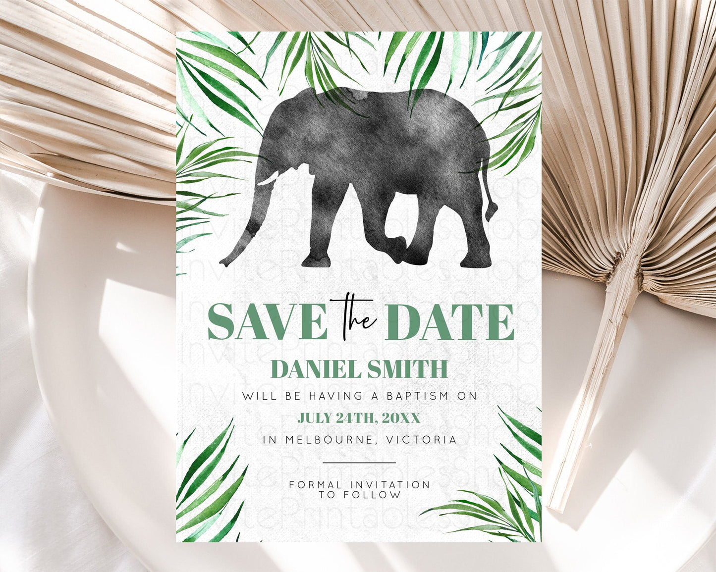 Elephant Save The Date Template Elephant Safari Adventure Party Dried Palm Fern Zoo 1st Birthday Baptism Baby Shower Bridal Shower D10842