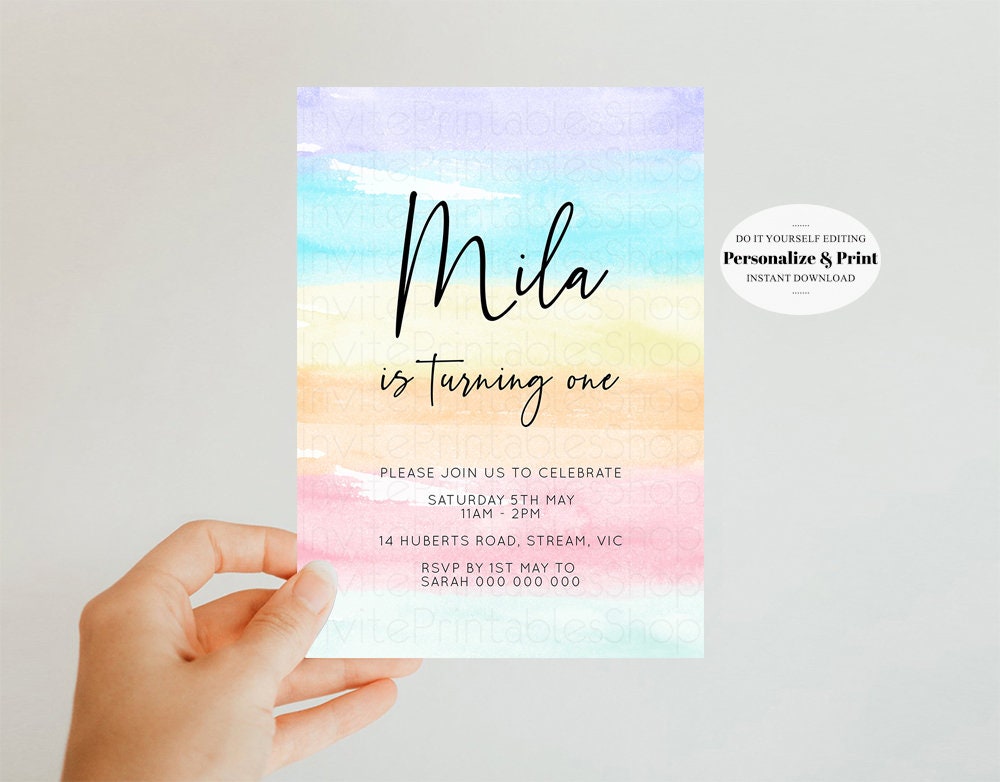 Rainbow Birthday Invitation Pastel Birthday Invitation Colorful Watercolor Invite Ombre Pastel Invitation Gold Glitter Sprinkles Invite t525