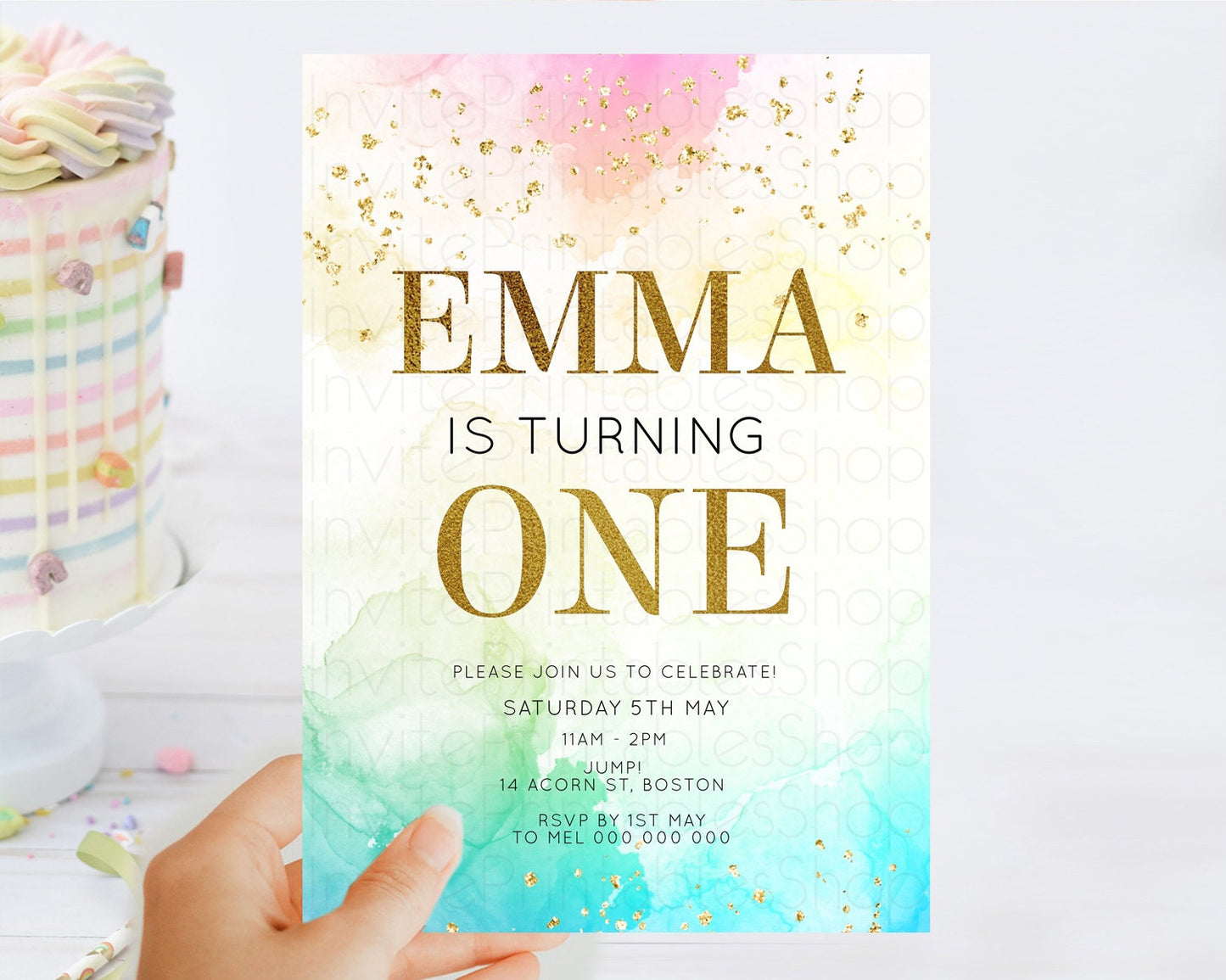 Editable Rainbow Birthday Invitation Colorful Pastel Watercolor Invitation G