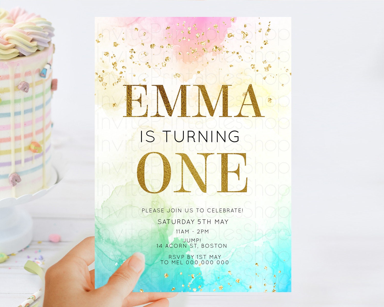 Editable Rainbow Birthday Invitation Colorful Pastel Watercolor Invitation G