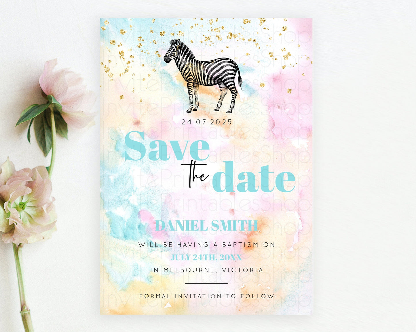 Pastel Zebra Save The Date Template Rainbow Watercolor Zebra Party Save The Date Colorful Zebra Theme Birthday Baptism Baby Shower D10281