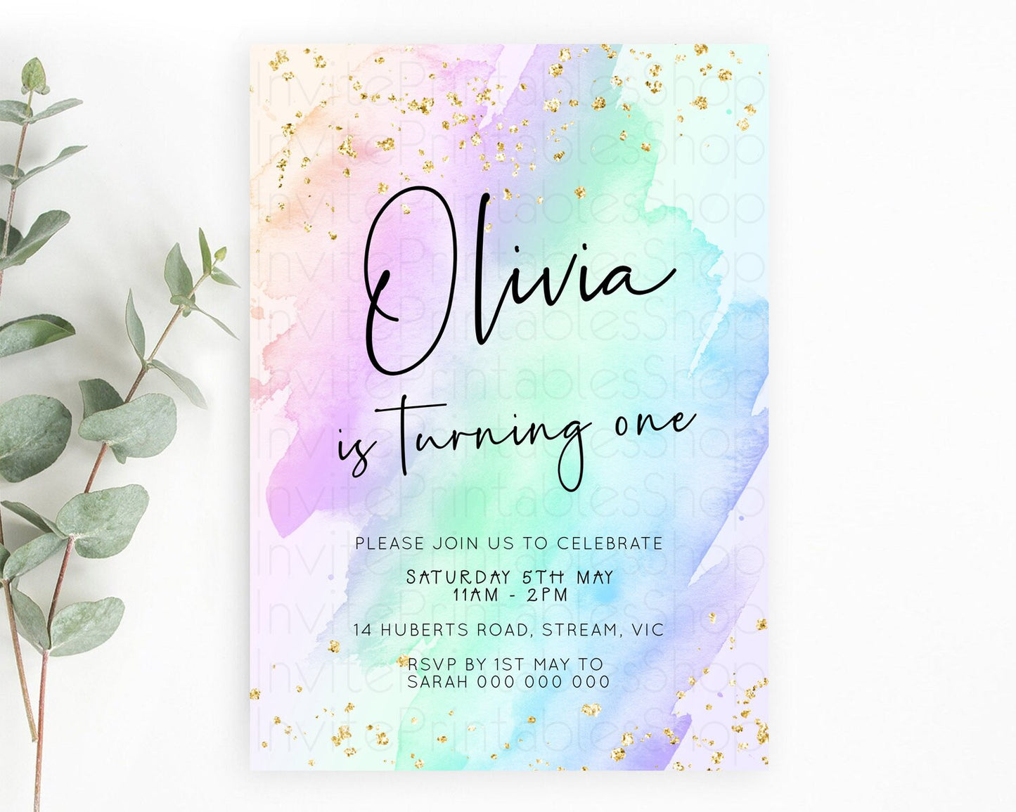 Pastel Birthday Invitation Ombre Watercolor Birthday Invitation Glitter Rainbow Color Splash 1st 2nd 3rd Birthday Invitation D23053