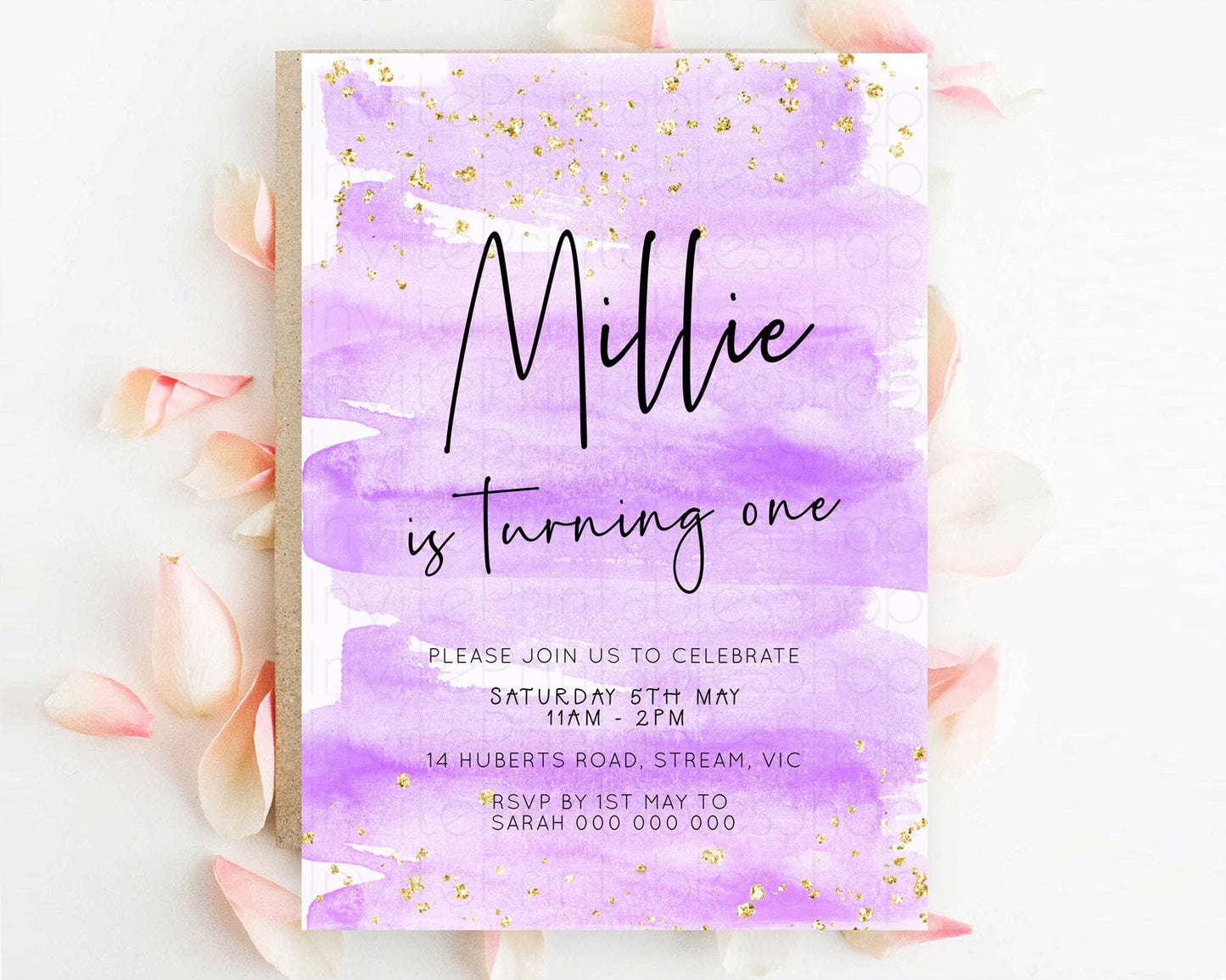 Purple Birthday Invitation Purple Watercolor Invite Pastel Purple Watercolor Invitation Purple Splash Gold Invitation First Birthday D23049