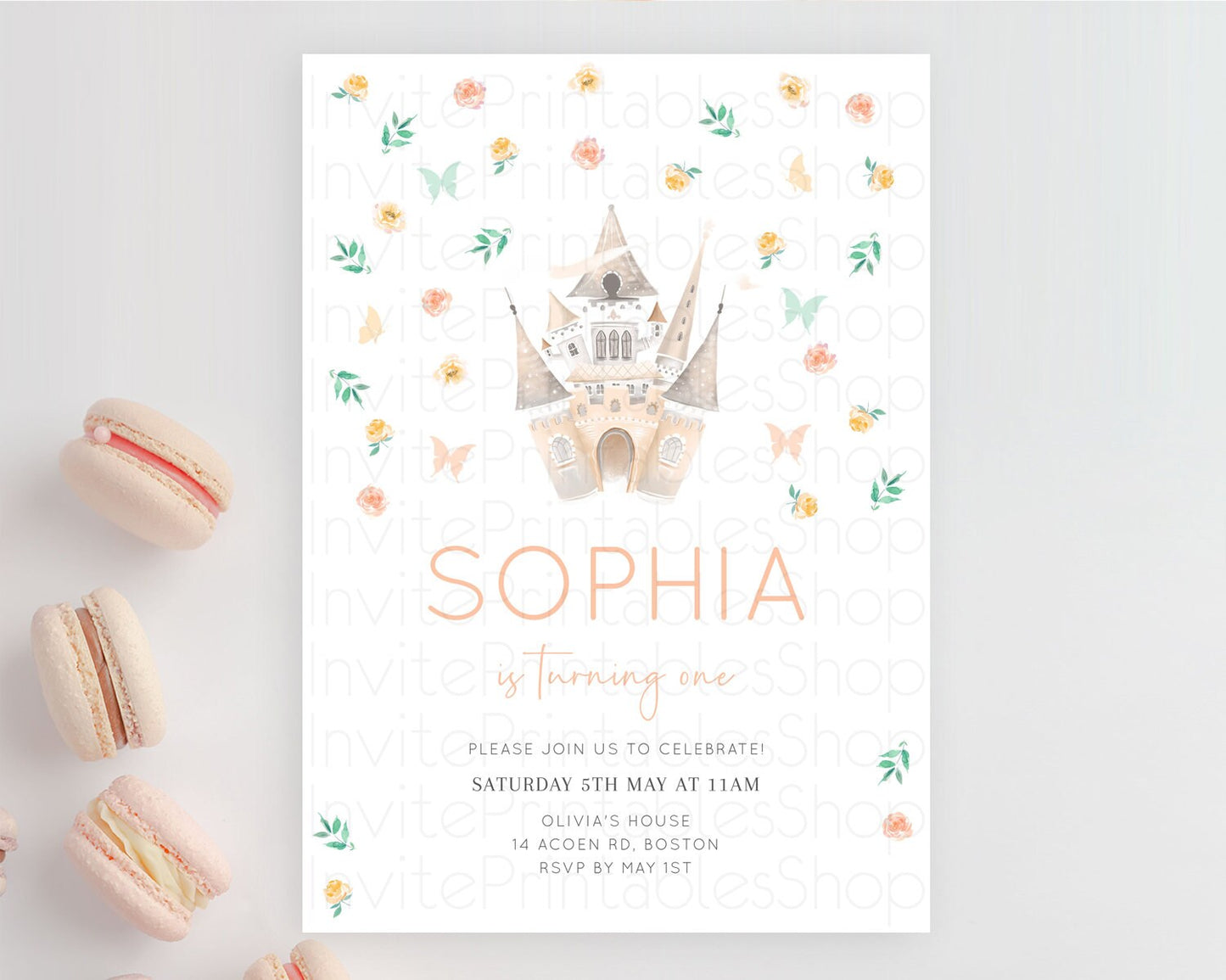 Princess Birthday Invitation Castle Invitation Royal Birthday Fairy Tale Enchanted Castle Pastel Floral Garden 1st First Birthday D10363