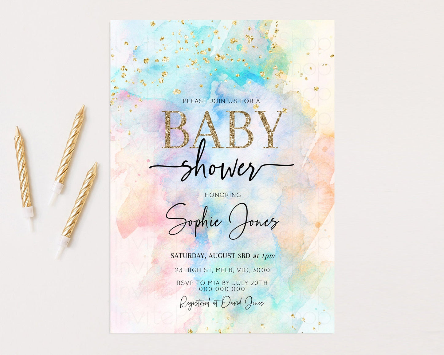 Rainbow Baby Shower Invitation Pastel Baby Sower Invitation Colorful Splash Invite Sprinkle Confetti Watercolor Ombre Baby Shower 276v3