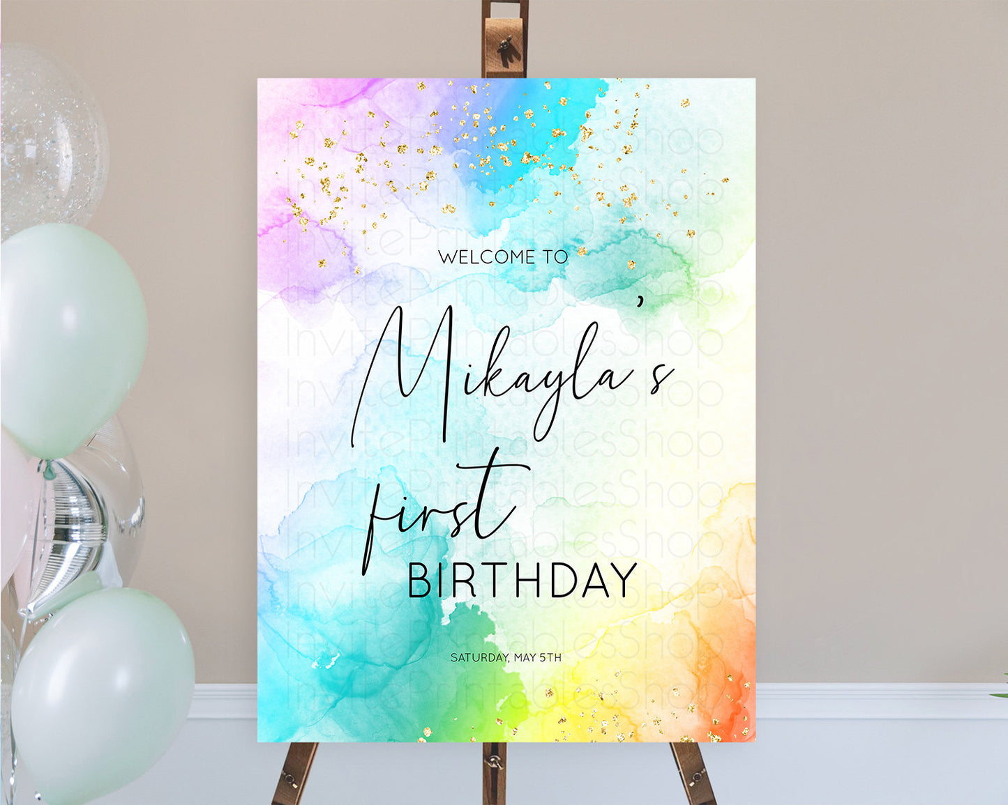 Pastel Welcome Sign Pastel Rainbow Welcome Sign Colorful Rainbow Confetti Watercolor Glitter Pastel First Birthday Welcome Sign D10771