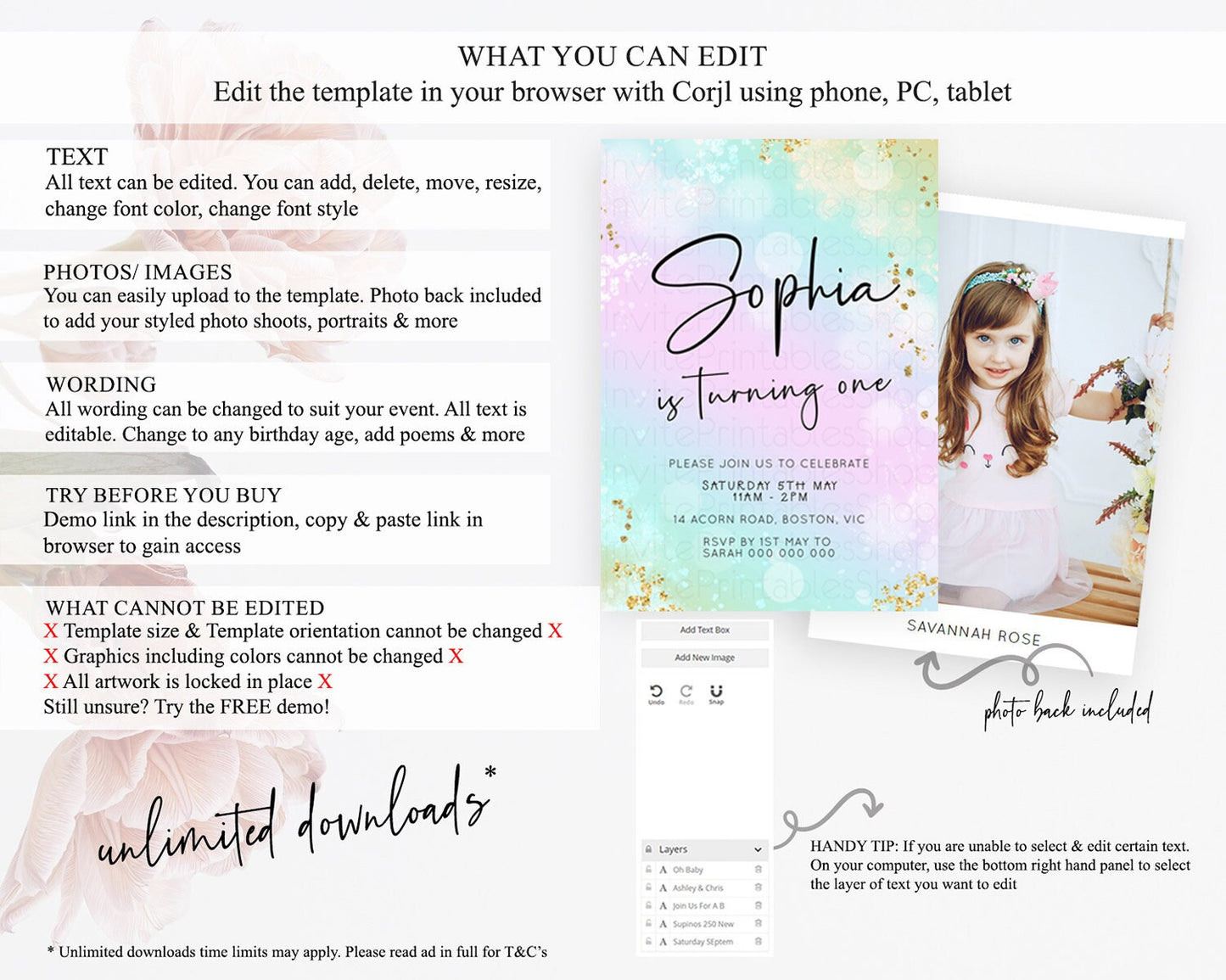 Pastel Birthday Invitation Ombre Watercolor Birthday Invitation Glitter Rainbow Color Splash 1st 2nd 3rd Birthday Invitation D23108