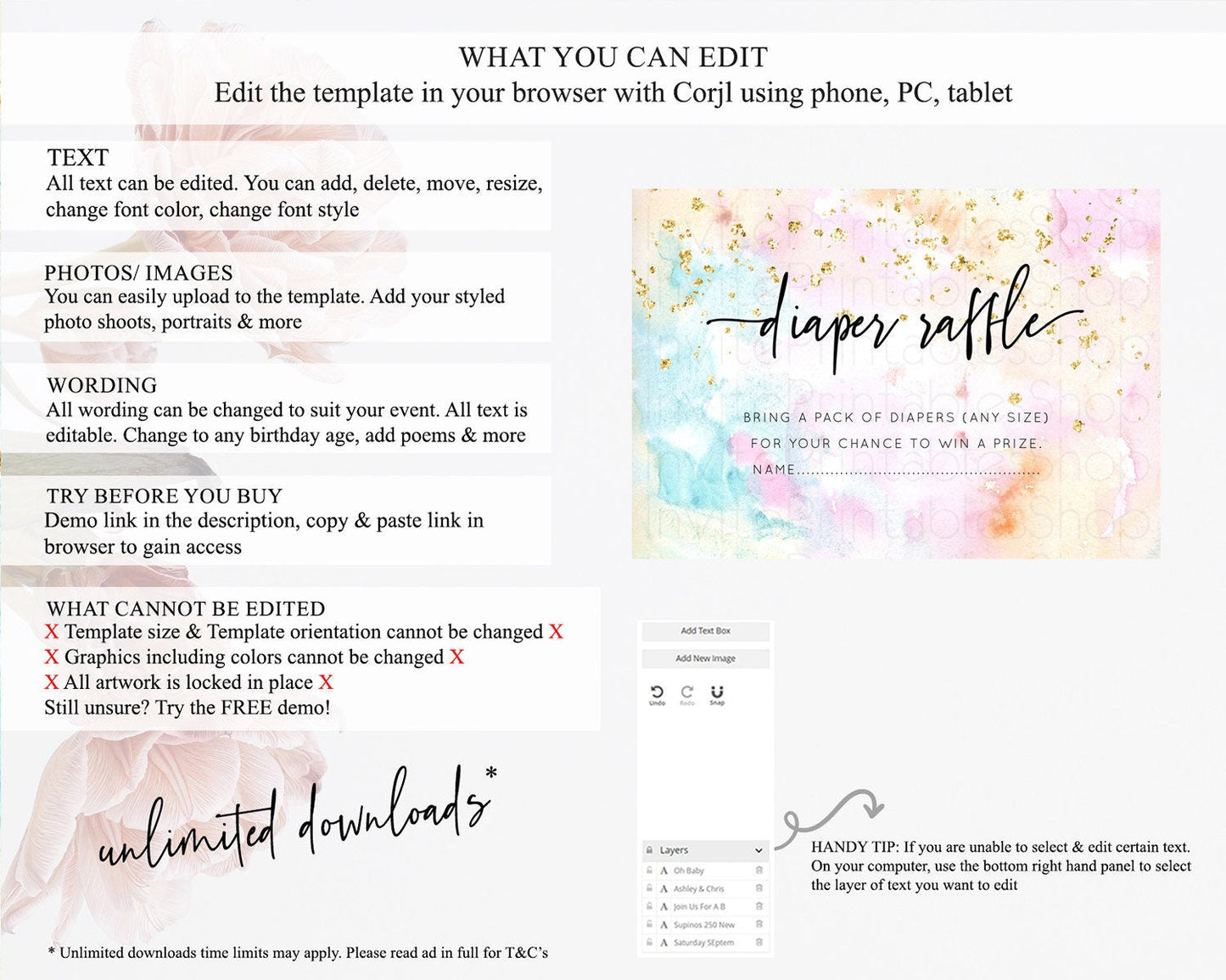 Pastel Diaper Raffle Card Pastel Rainbow Diaper Raffle Insert Colorful Ombre Watercolor Diaper Ticket Confetti Glitter Raffle Game D10548