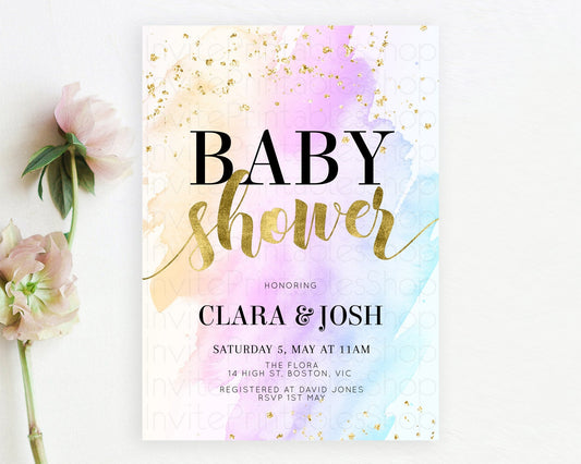 Pastel Baby Shower Invitation Rainbow Baby Shower Invitation Colorful Pastel Watercolor Invitation Gold Glitter Sprinkles Ombre D11027