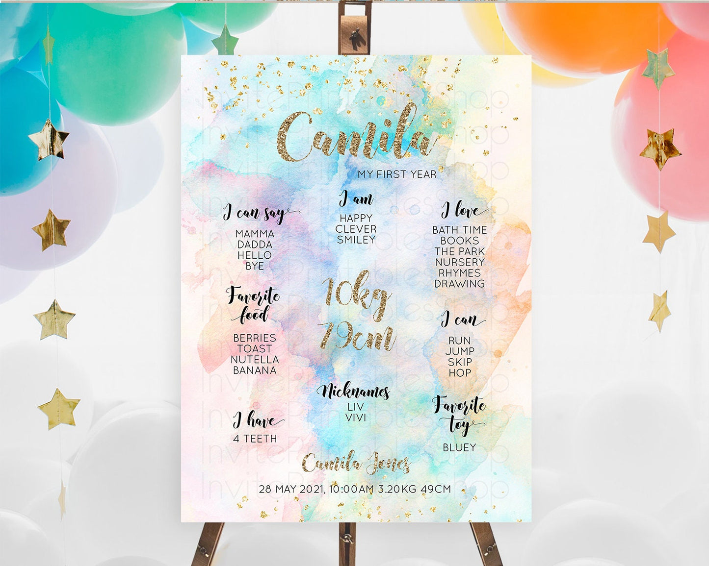 Pastel First Birthday Milestone Board Pastel Rainbow Milestone Poster Colorful Confetti Watercolor Glitter 1st Birthday Welcome Sign D10261