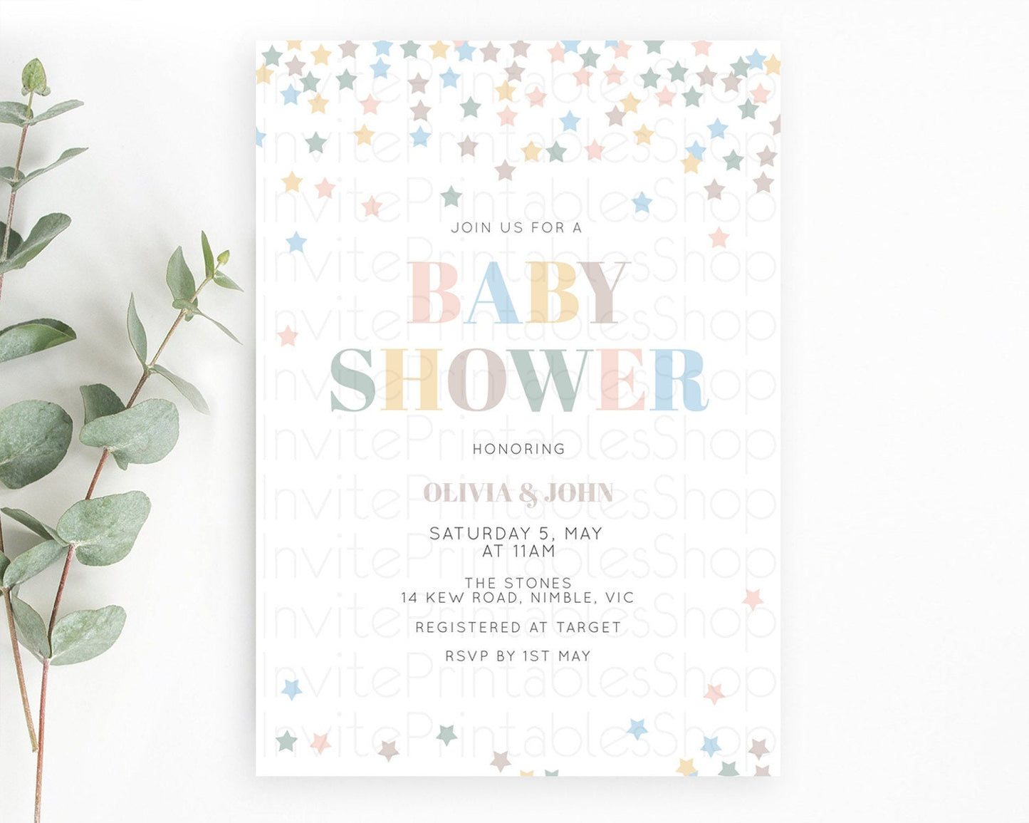 Twinkle Star Baby Shower Invitation, Pastel Rainbow Confetti, Sprinkle Stars with Soft Blue, Green, Brown, and Yellow Pink Tones D10795