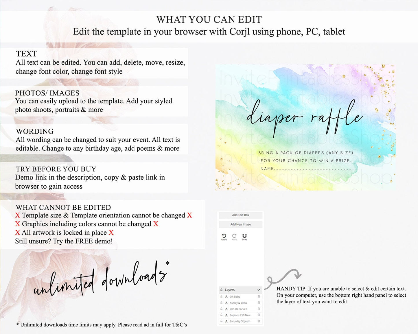 Pastel Diaper Raffle Card Pastel Rainbow Diaper Raffle Insert Colorful Ombre Watercolor Diaper Ticket Confetti Glitter Raffle Game D10773