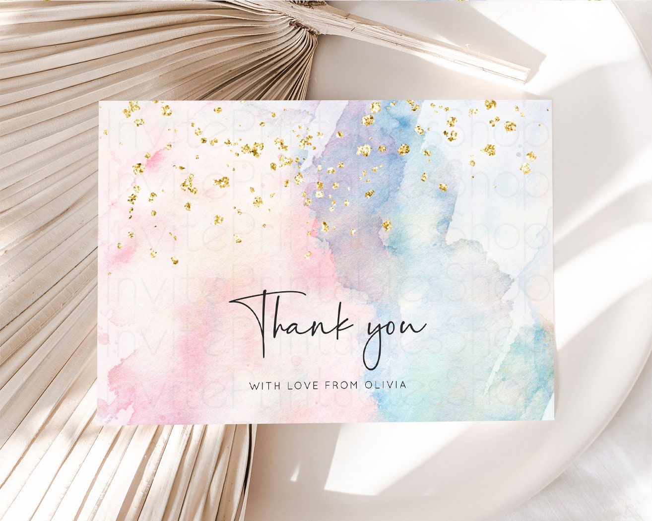 Pastel Rainbow Thank you Colorful Watercolor Gift Cards Splash Gold Glitter Card Birthday Engaged Baby Shower Wedding Folded/ Postcard 276