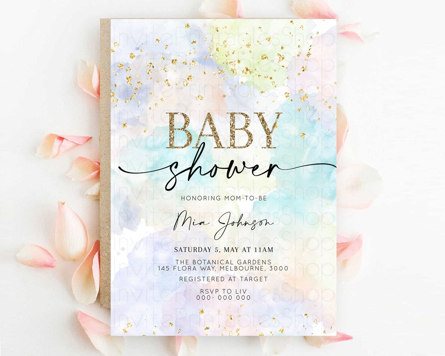 Pastel Baby Shower Invitation Rainbow Baby Shower Invitation Colorful Pastel Watercolor Invitation Gold Glitter Sprinkles Ombre D10613