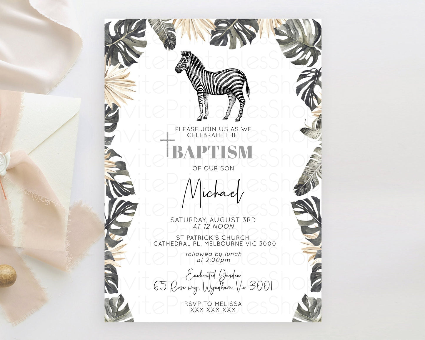 Zebra Baptism Invitation Zebra Baptism 1st Birthday Invitation Jungle Safari Christening Invite Watercolor Tropical Zoo Adventure D10824