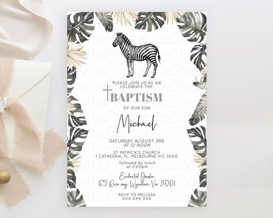 Zebra Baptism Invitation Zebra Baptism 1st Birthday Invitation Jungle Safari Christening Invite Watercolor Tropical Zoo Adventure D10824