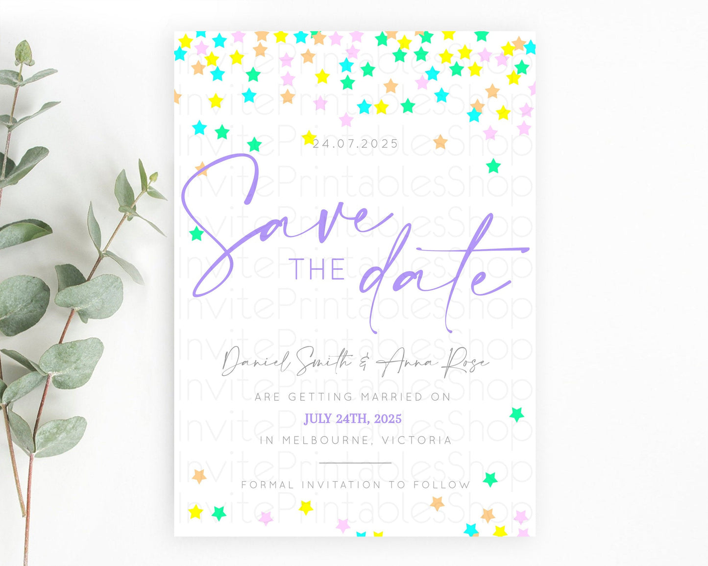 Twinkle Stars Save The Date Template Pastel Twinkle Little Star Party Shooting Star Confetti Sprinkles Birthday Baptism Baby Shower D10395