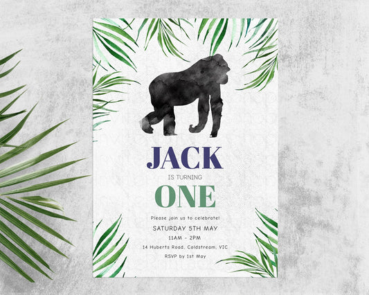 Gorilla Birthday Invitation Watercolor Gorilla Tropical Palm Jungle Safari Adventure Zoo Party Wild Party Animal Custom Editable Invite