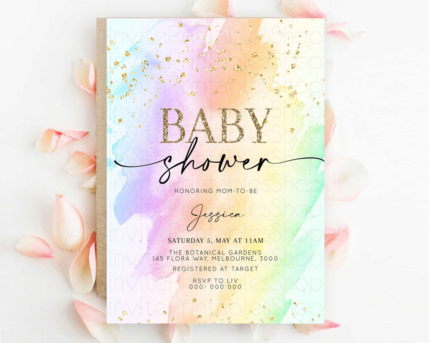 Pastel Baby Shower Invitation Rainbow Baby Shower Invitation Colorful Pastel Watercolor Invitation Gold Glitter Sprinkles Ombre D10645