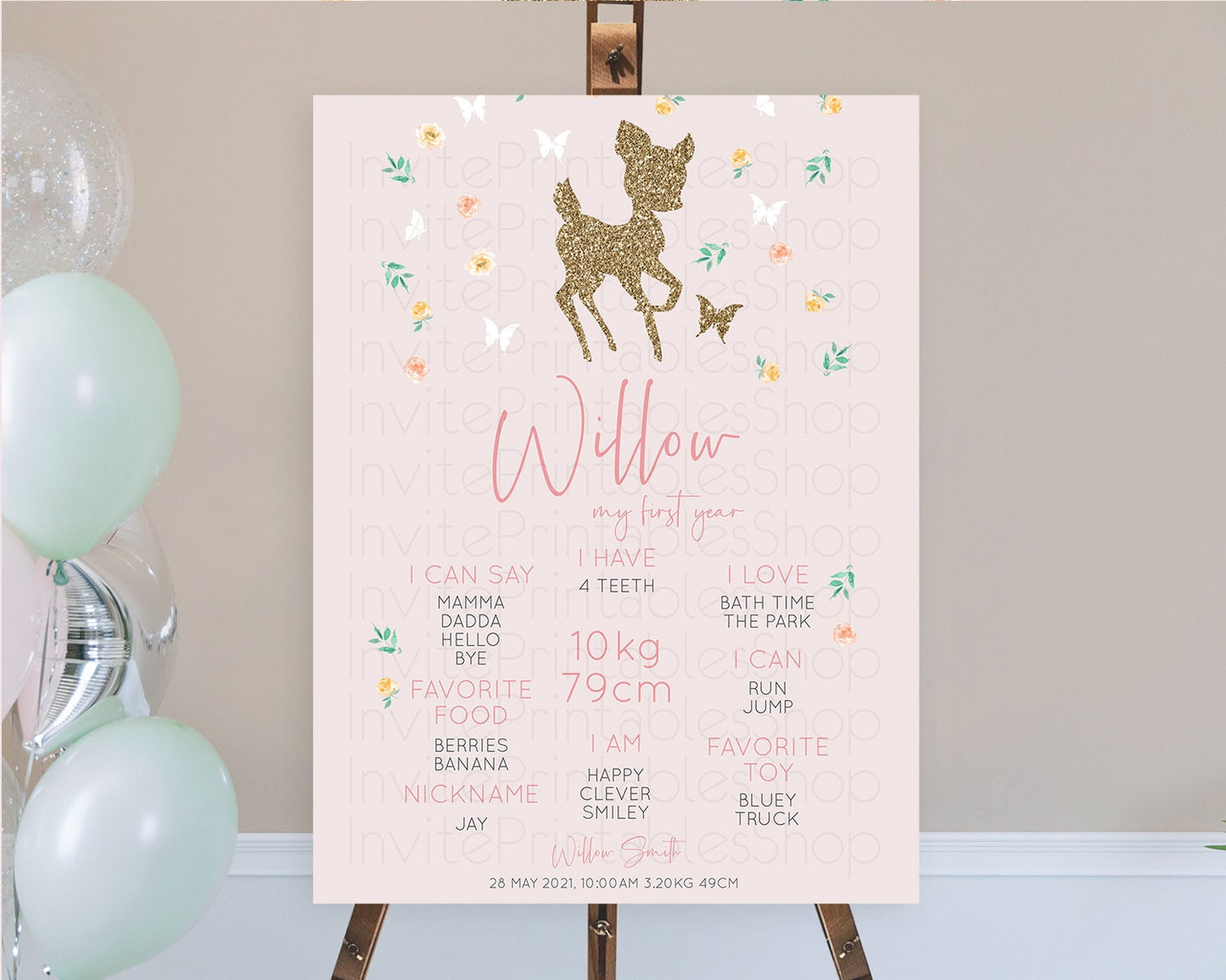 Fawn First Birthday Milestone Board Deer First Birthday Milestone Poster Enchanted Forest Butterfly Pastel Flowers 1st Birthday Sign D10386