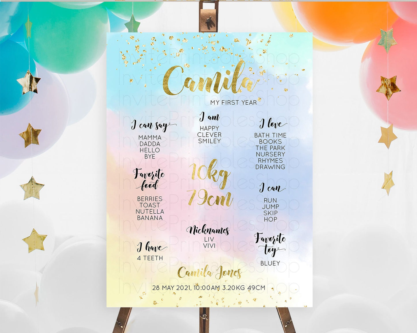 Pastel First Birthday Milestone Board Pastel Rainbow Milestone Poster Colorful Confetti Watercolor Glitter 1st Birthday Welcome Sign D10892