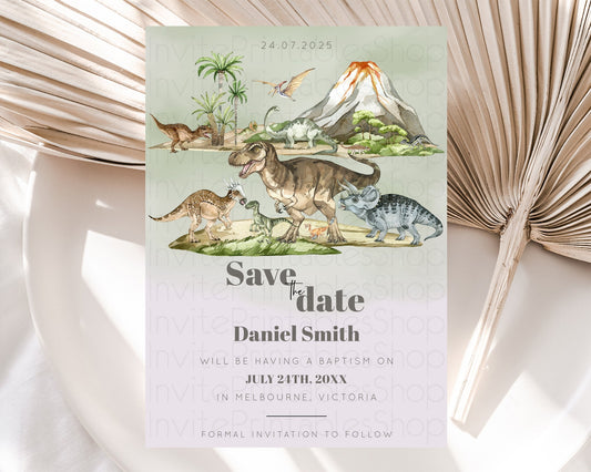 Editable Dinosaur Save The Date Template Dinosaur Volcano Watercolor Volcano