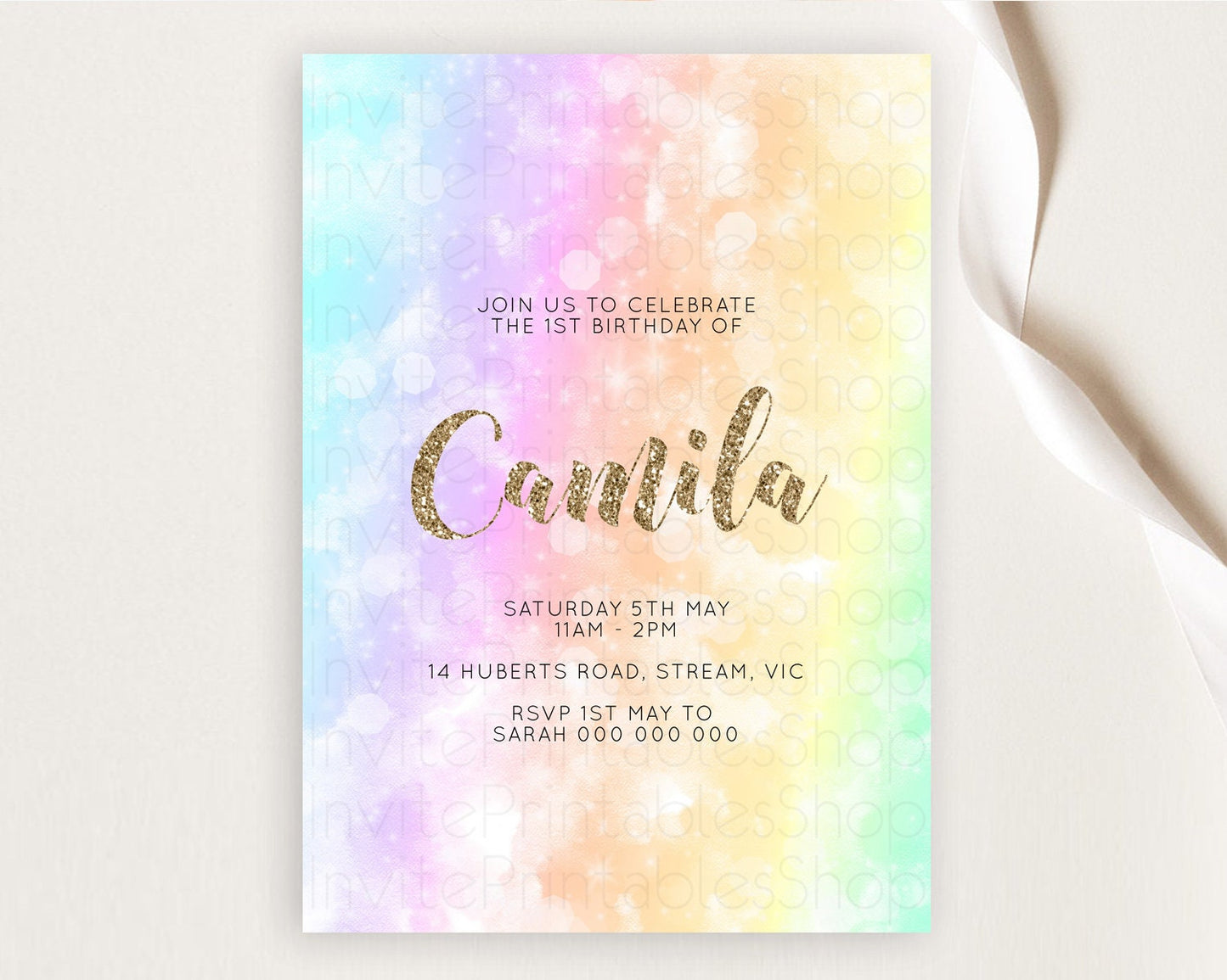 Rainbow Birthday Invitation Colorful Pastel Watercolor Invitation Gold Glitter Sprinkles Ombre Pastel 1st 2nd 3rd Birthday D10648