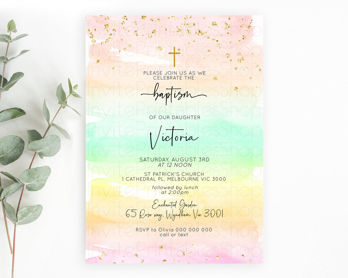 Pastel Baptism Invitation Pastel Colors Watercolor Baptism 1st Birthday Party Gold Ombre Pastel Rainbow Christening Holy Communion D10591