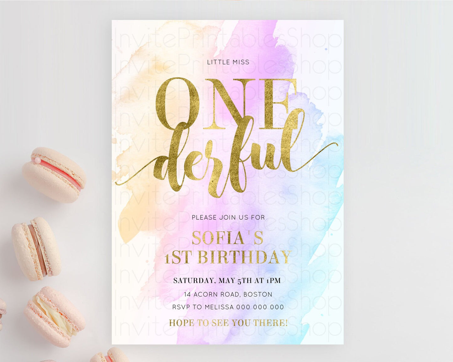 ONEderful Rainbow Birthday Invitation Colorful Pastel Watercolor Invitation Gold Glitter Sprinkles Ombre Pastel 1st Birthday D11027